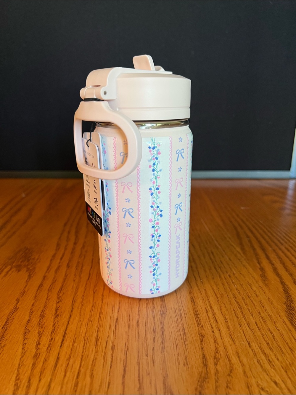 14 oz Hydrapeak Pastel Pink Cover with Pink Stripes & Roses Water Bottle
